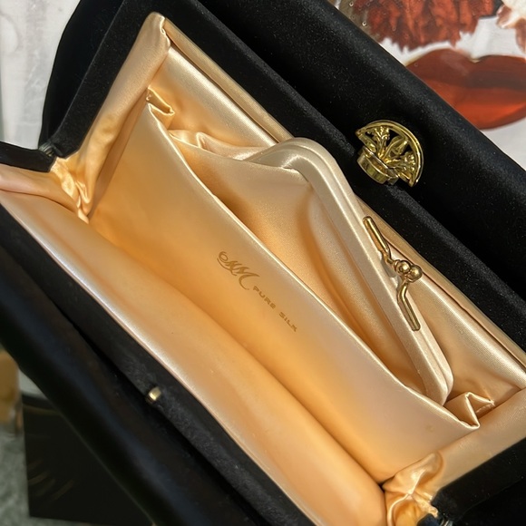 Vintage Art Deco Pure Silk Black Luxury Evening Clutch with Gold Fan Clasp 1950s